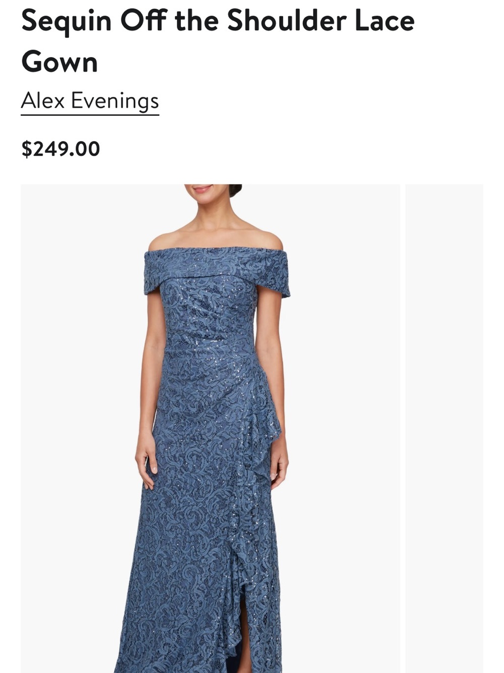 Alex Evenings Slate Blue Off-the-Shoulder Sequin Lace Gown